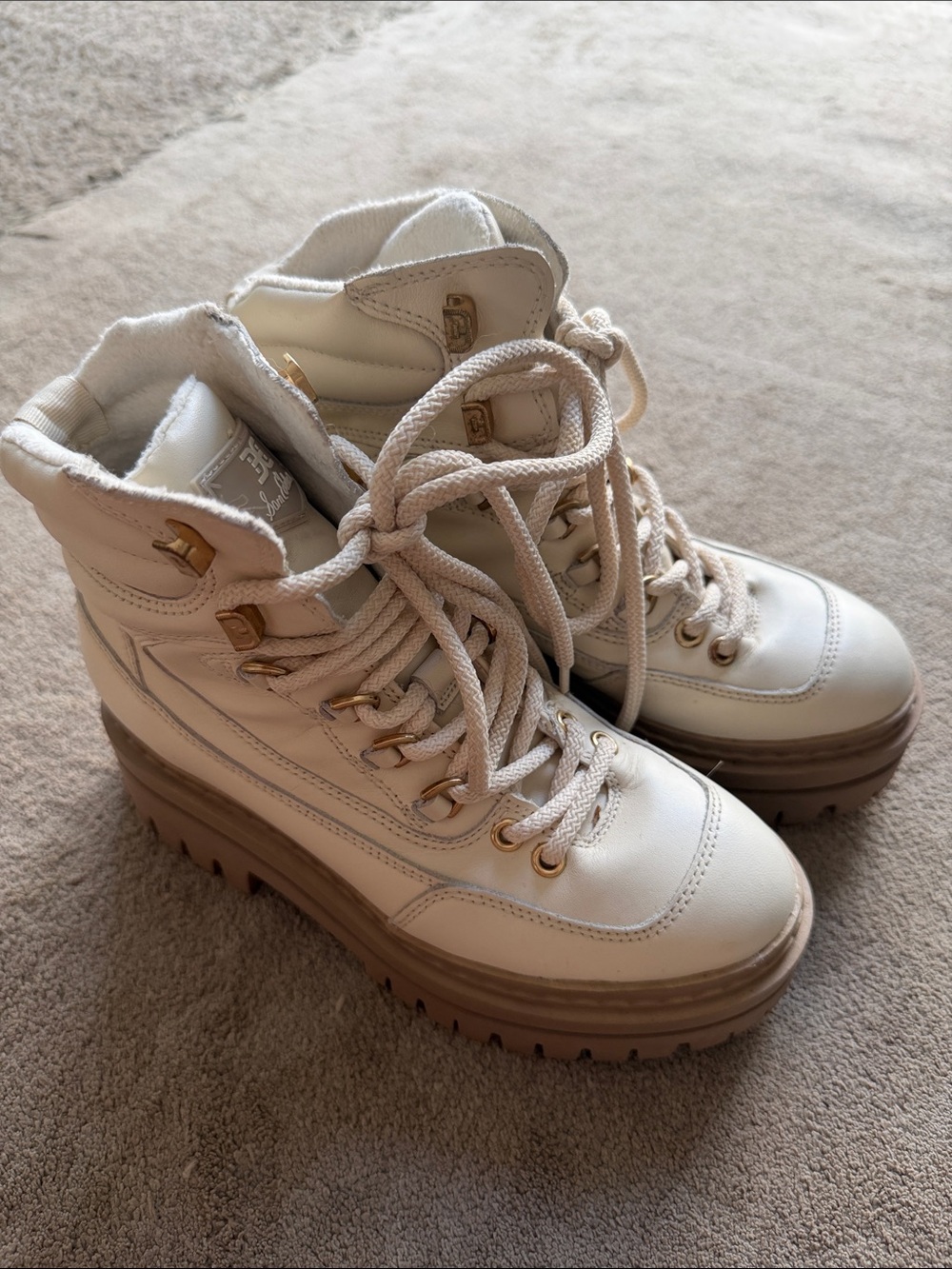 Sam Edelman Cream Lace-Up Platform Boots with Tan Sole